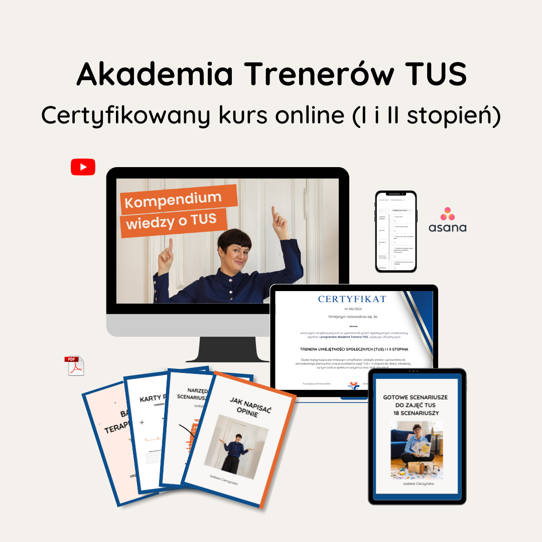 Pakiet materiałów online z kursu Akademia Trenerów TUS. Zestaw zawiera certyfikat trenera TUS I i II stopnia, szkolenie wideo, gotowe scenariusze zajęć, karty pracy oraz kompendium wiedzy.